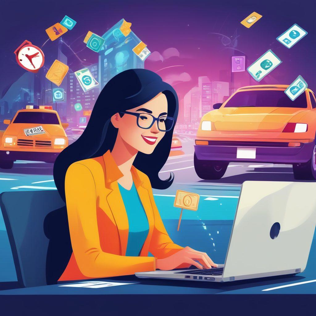 A person smiling while paying a traffic ticket online through a sleek, user-friendly portal on a laptop, with icons of time and money savings floating around. In the background, a busy traffic scene contrasts with the convenience of the digital process. vibrant colors. vector art.