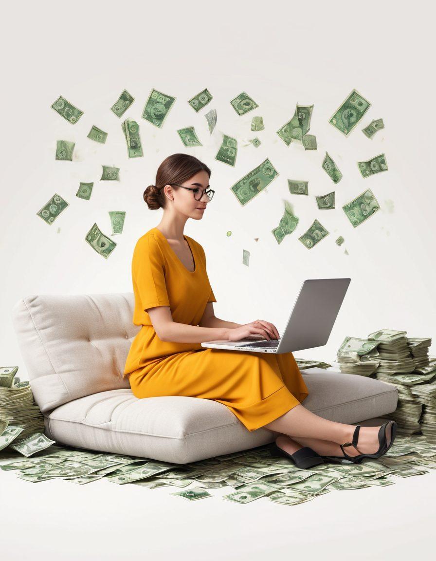 A person sitting comfortably at home, using a laptop to pay a traffic ticket online, with a serene background showing a digital highway and floating currency symbols symbolizing effortless transactions. The scene should evoke simplicity and ease. super-realistic. vibrant colors. white background.