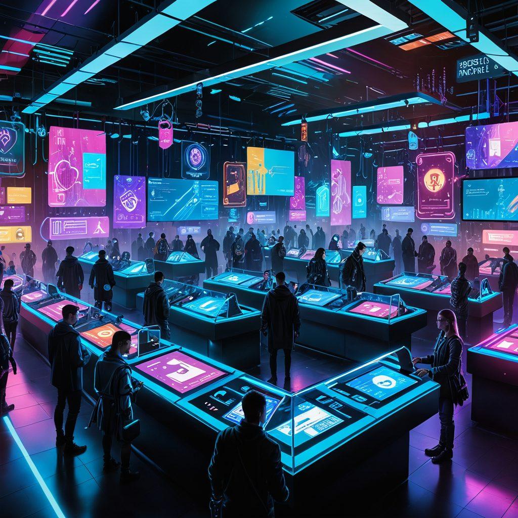 A busy digital marketplace with vibrant holograms showcasing various ticket payment services. People are using multiple devices like smartphones, tablets, and laptops seamlessly for online transactions. The image illustrates security symbols like padlocks and shields, representing safe transactions. Bright, dynamic colors and a futuristic, high-tech aesthetic. cyberpunk. vibrant colors.